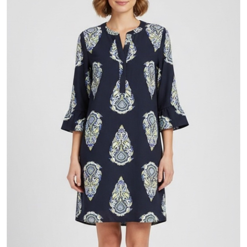 CROWN & IVY Blue CREPE 1/4 Button BELL SLEEVES 1-Pocket PAISLEY Shift Dress 10
